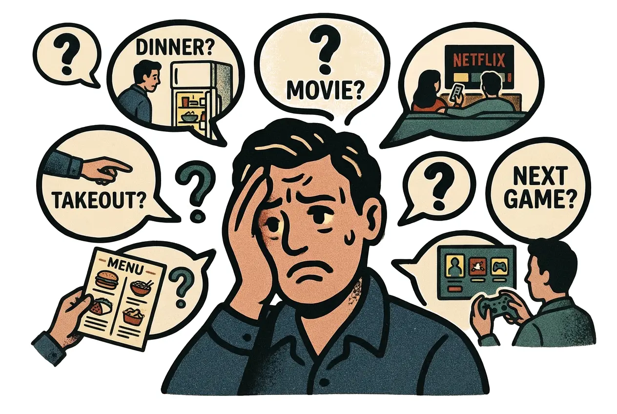 Person stressed by too many choices - food, entertainment, tasks