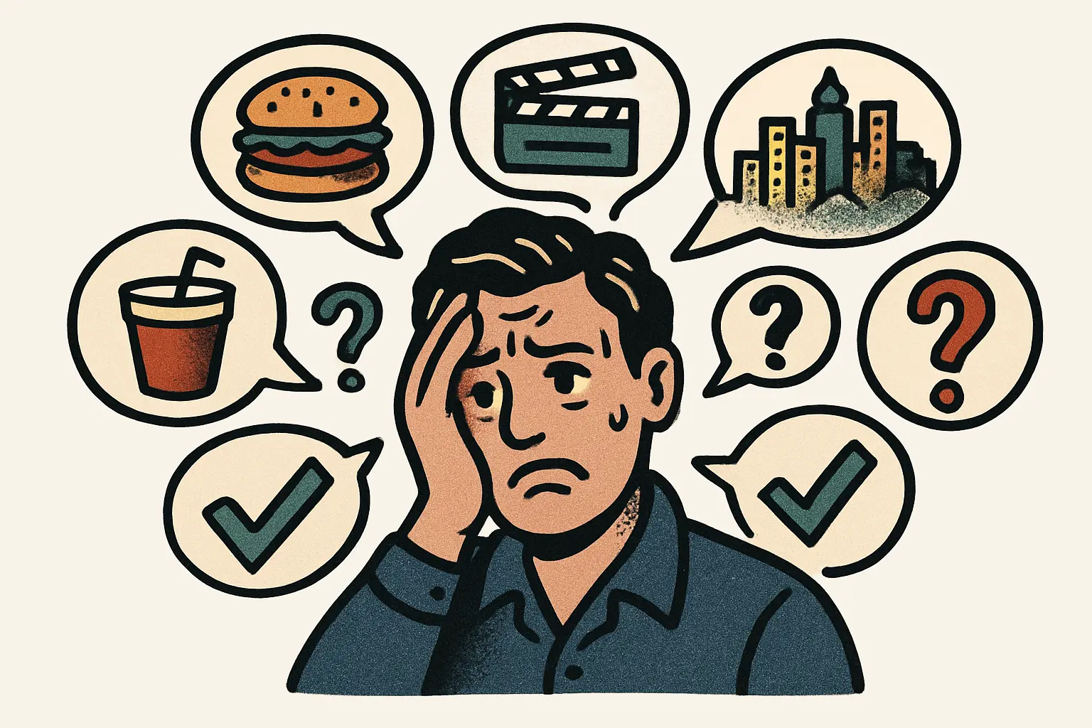 Relaxed person with floating
            icons representing different choices.